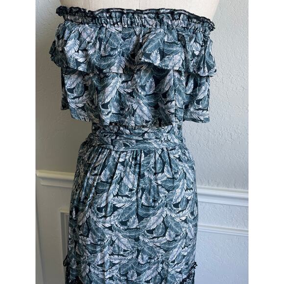 Fresha London Strapless Tiered Ruffle Maxi Leaf Palm Print Dress XS - Picture 9 of 11